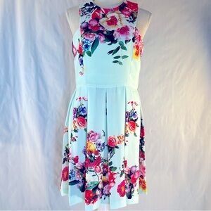 Gianni Bini Dress Light Green Floral Sleeveless Pleated Skirt Crew Neck EUC M👍